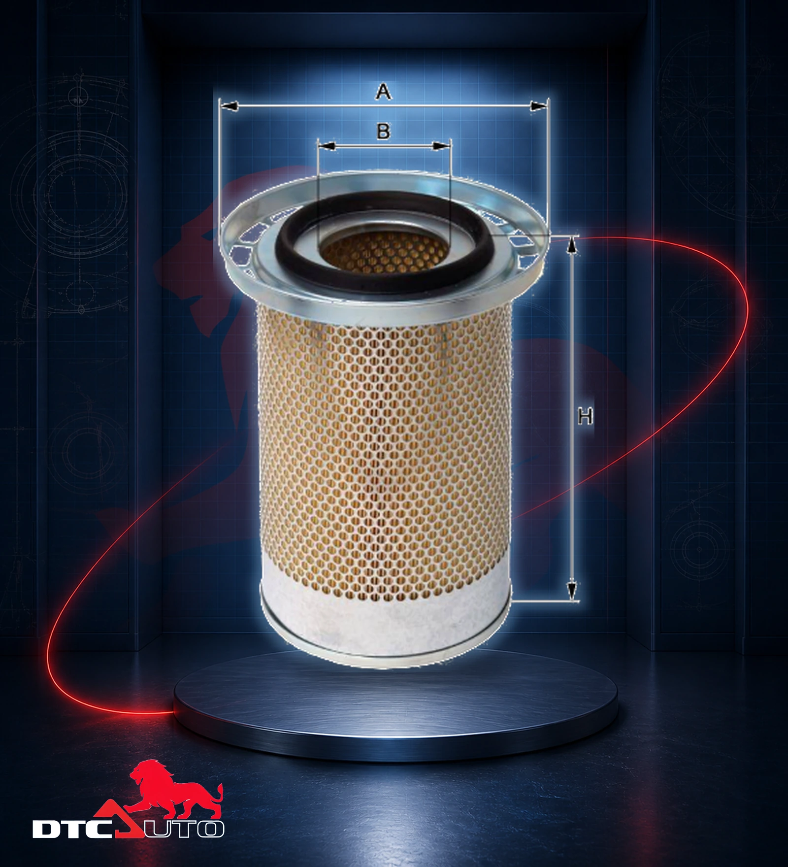 Air filter from DTC AUTO stock with its engineering dimension drawing
